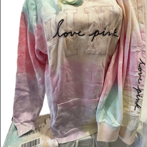 New Victoria’s Secret pink Tie dye 3 PC set sweatshirt sweatpants & tee shirt - Picture 8 of 10